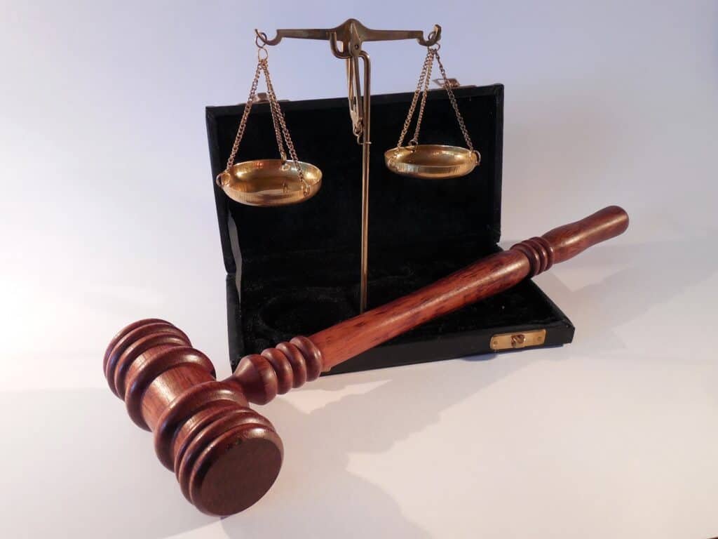 Man erkennt einen Koffer mit Richterhammer und Waage.