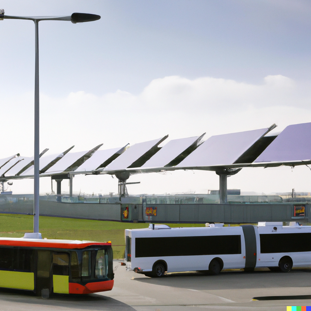 Flughafen mit Solaranlage und Bussen. 