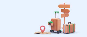 Concept banner for turism in realistic style with map, pointer, road sign, suitcase, camera. Vector illustration