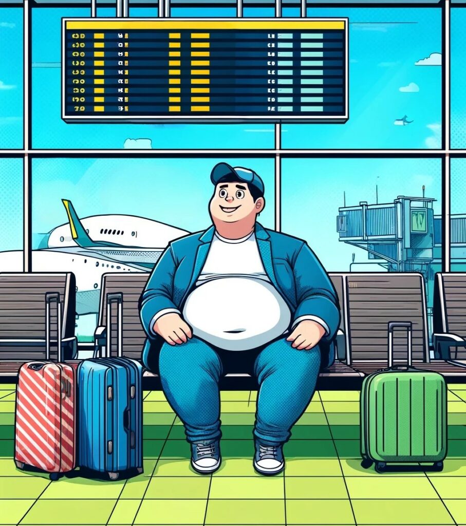 Comic Style. Eine dicke Person wartet am Flughafen.