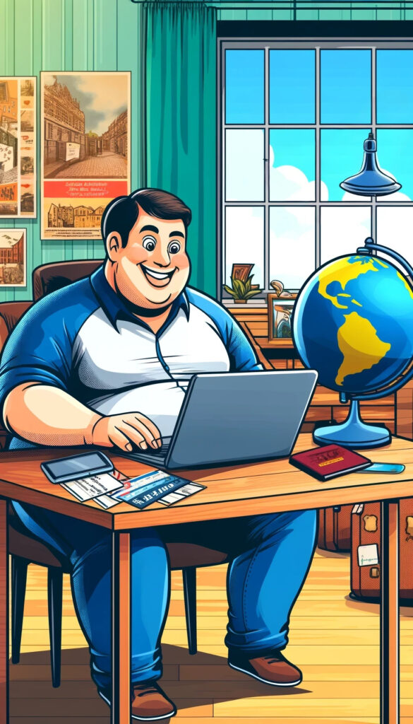 Comic Style, ein dicker Mann bucht einen Flug am Laptop