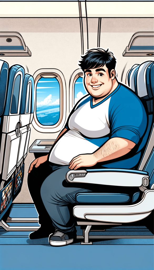 dicker zufriedener Mann im Flugzeug