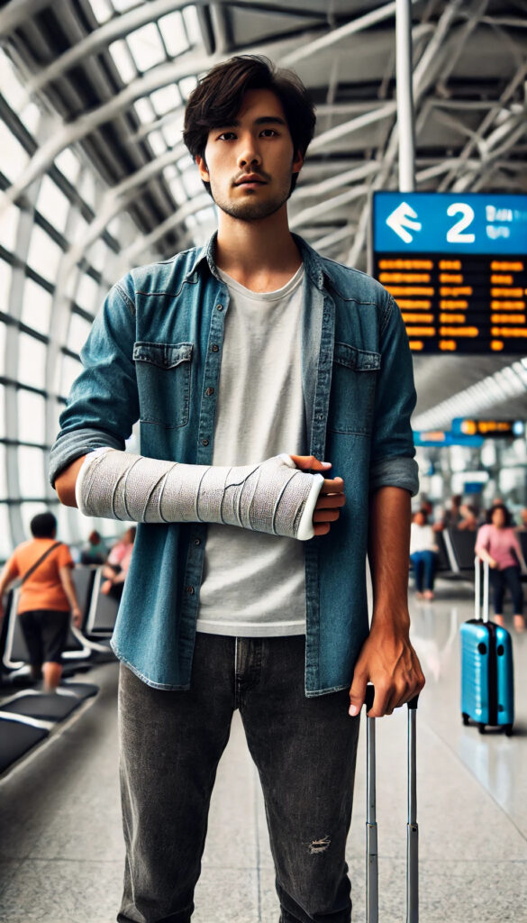 Mann mit Gipsarm am Flughafen