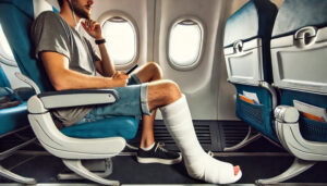 Mann mit Gipsbein sitzt im Flugzeug