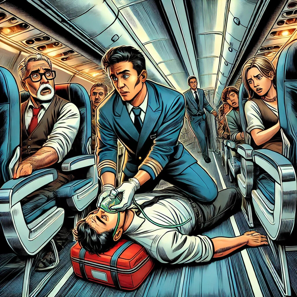 Medizinischer Notfall im Flugzeug Comic Style Bild