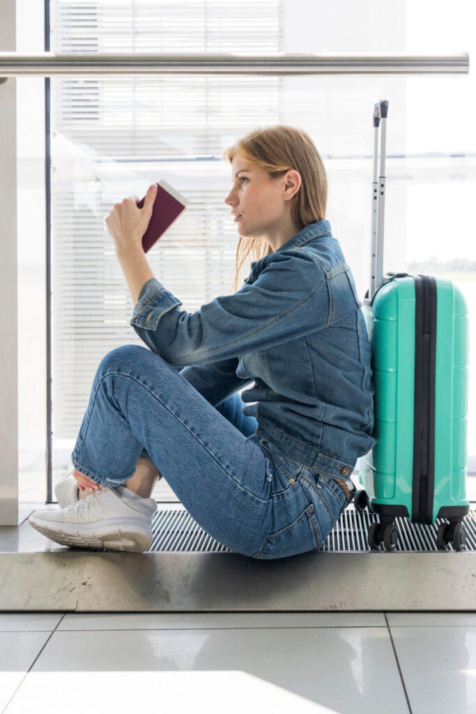 Passagierin wartet am Flughafen mit Koffer