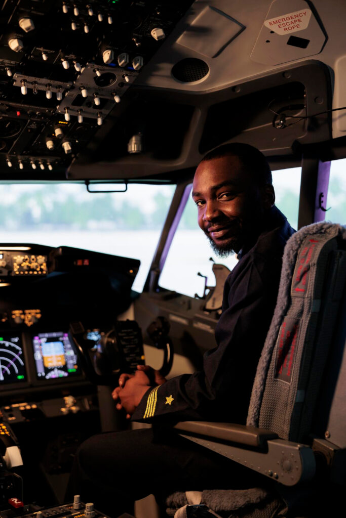 Pilot sitzt im Cockpit und schaut in die Kamera.