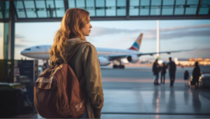 Frau steht am Airport und wartet auf ihren ersten Flug.