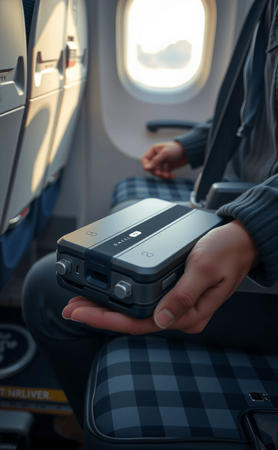 Passagier hält Drohnenakku in die Camera, KI generiert.