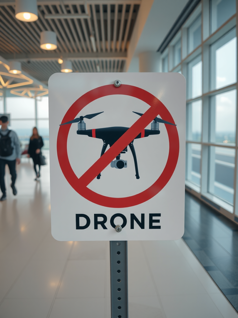 Drohenverbotsschild am Flughafen, KI generiert.