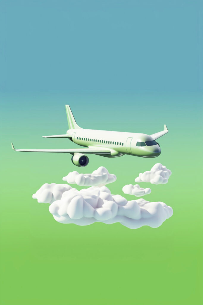 Flugzeug über Wolke vor grünem Hintergrund.