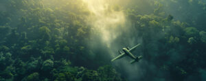 Symbolbild CO2 beim Fliegen Flugzeug über Regenwald grün