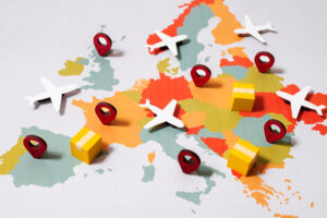 Europakarte mit Flugzeugen und Destinationen.
