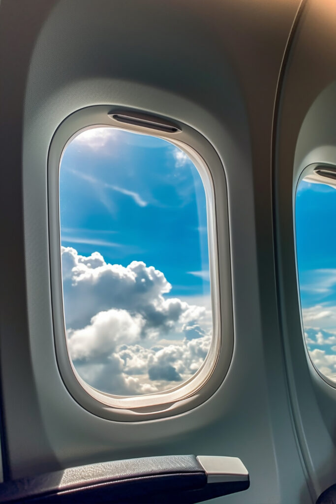 Blick aus Flugzeugfenster auf blauen Himmel mit weißen Wolken.
