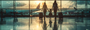 Familie an Flughafen, schaut auf das Rollfeld.