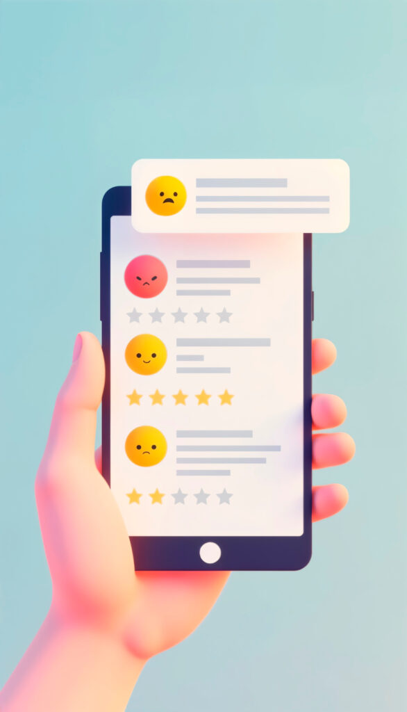 Handy mit Hand zeigt Bewertungen und Smileys.