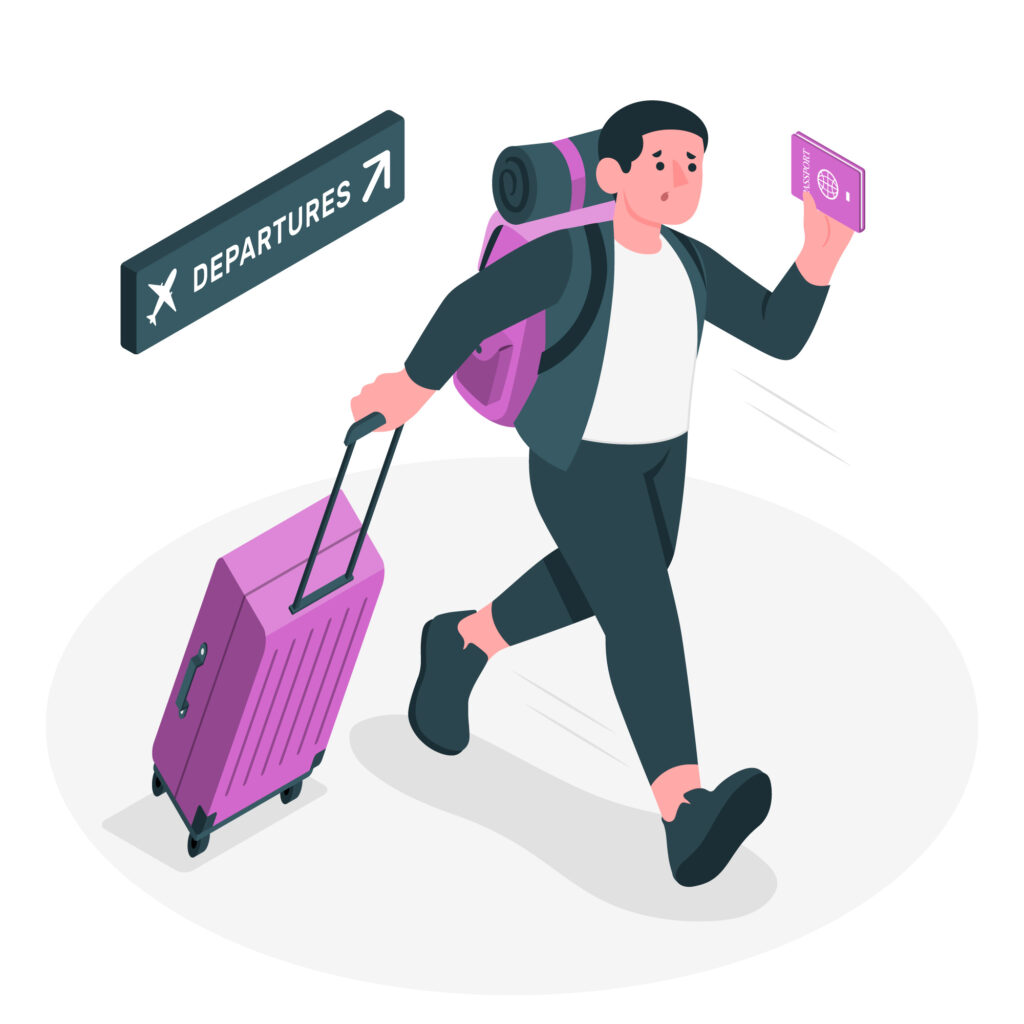 Grafik Person eilt zum Abflug mit Pass in der Hand