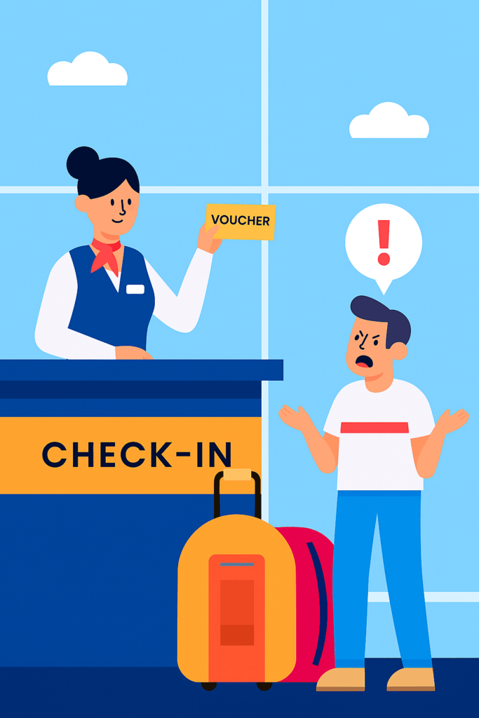 Person bekommt Voucher als Entschädigung von Airline, Comic Style