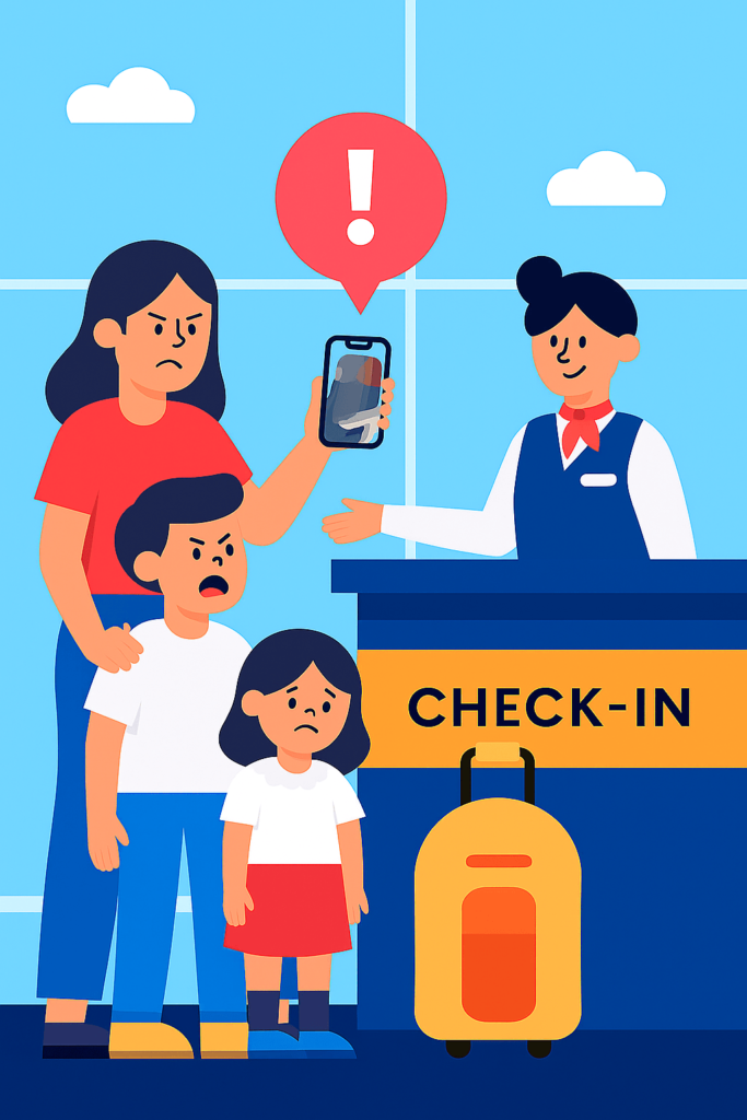 Familie beschwert sich mit Beweisen am Airline Schalter über Flugprobleme.