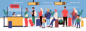 Personen warten am Schalter im Flughafen, Schlange. Comic Grafik.