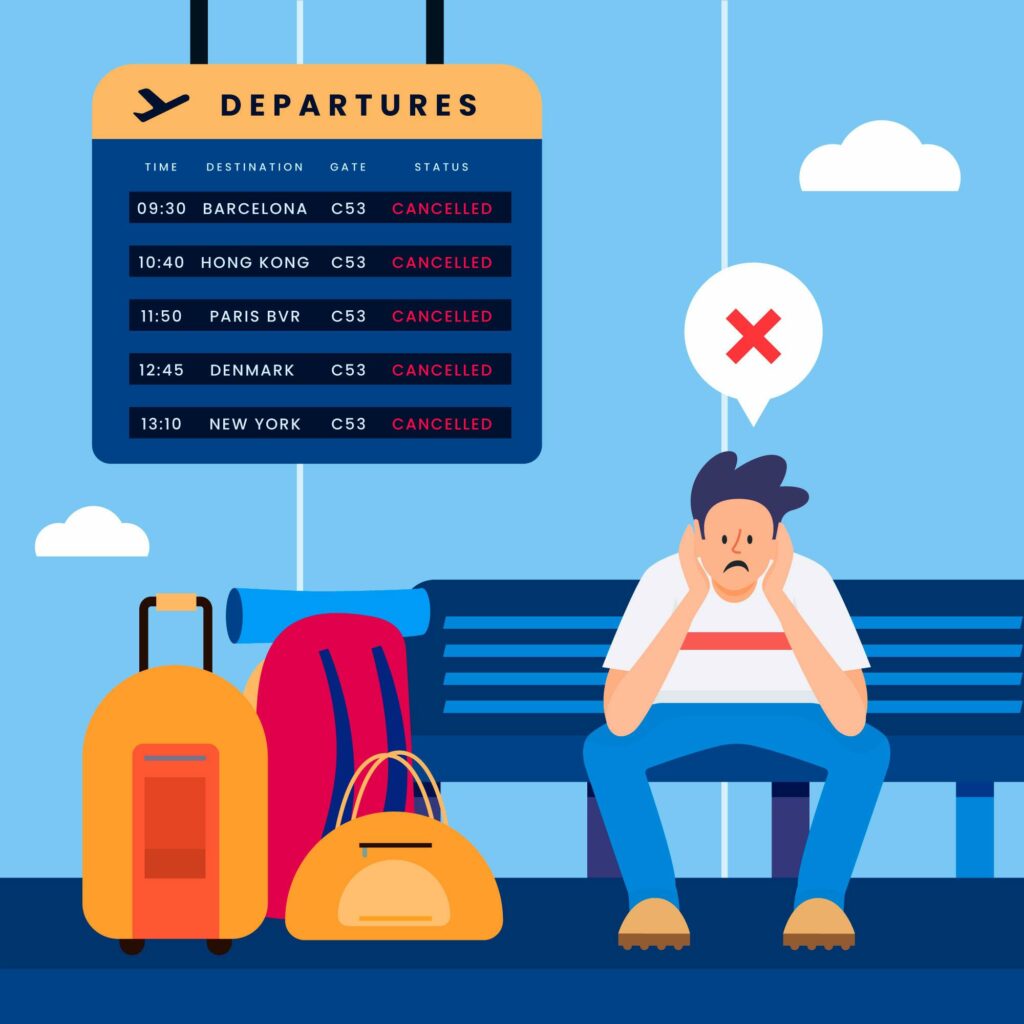 Comic Grafik Flugausfall am Flughafen Passagier