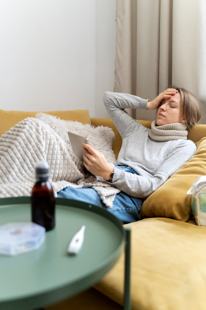 Kranke Frau liegt auf einem Sofa, hält sich den Kopf und schaut auf ihr Smartphone.