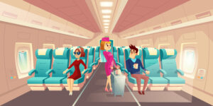 Vektorkabine des Flugzeuges mit Stewardess und Passagieren