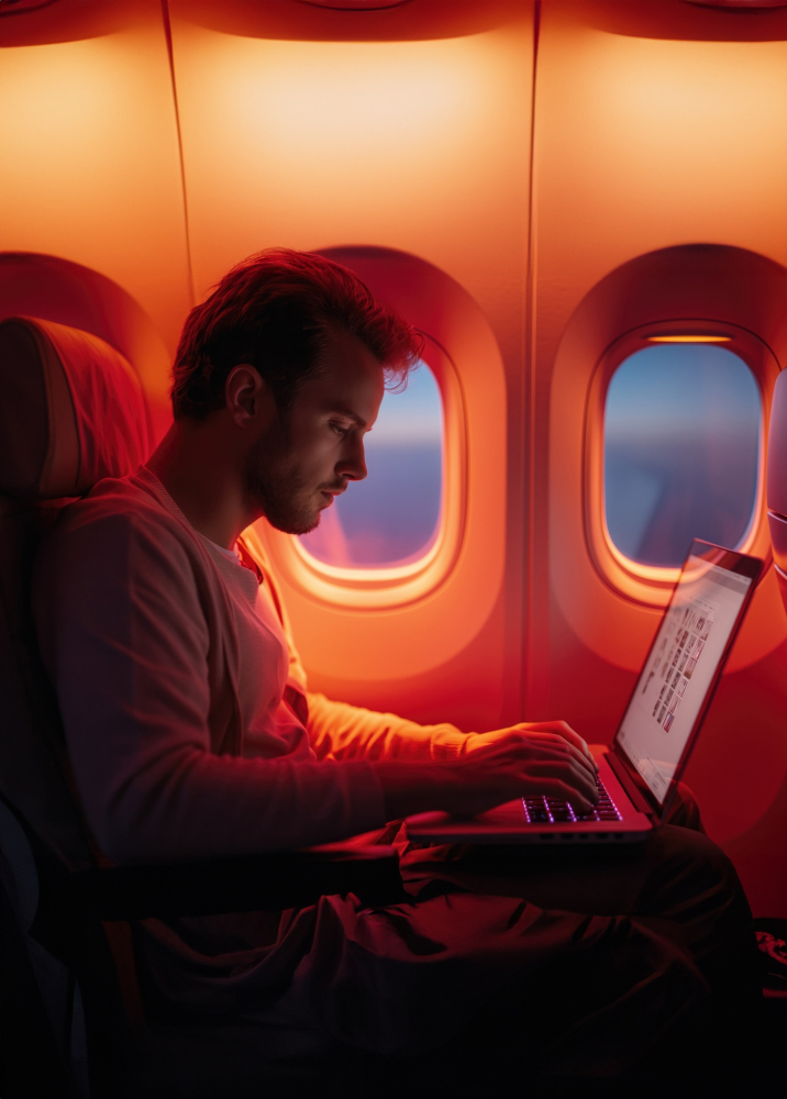 Mann mit Laptop im Flugzeug.