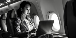 Schwarz weiss Bild Frau am Laptop im Flugzeug.