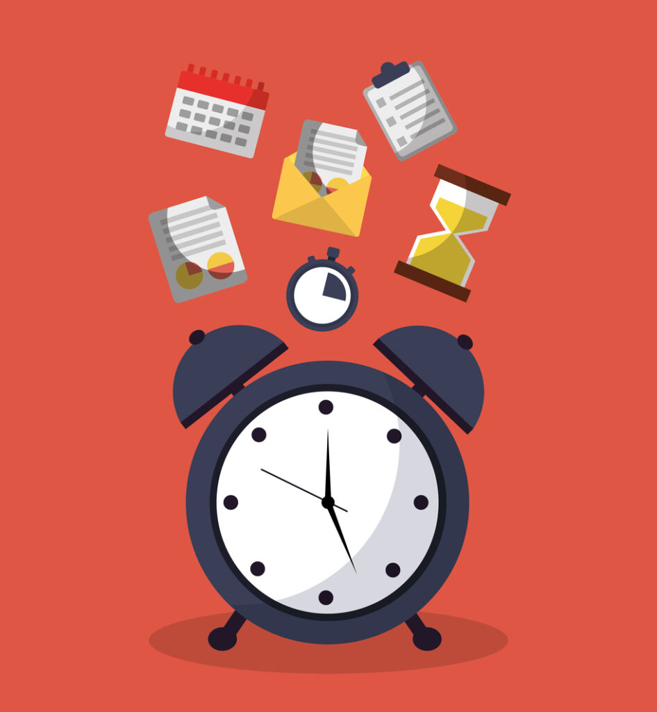 Wecker mit Kalendar, Sanduhr und Dokumenten. 
