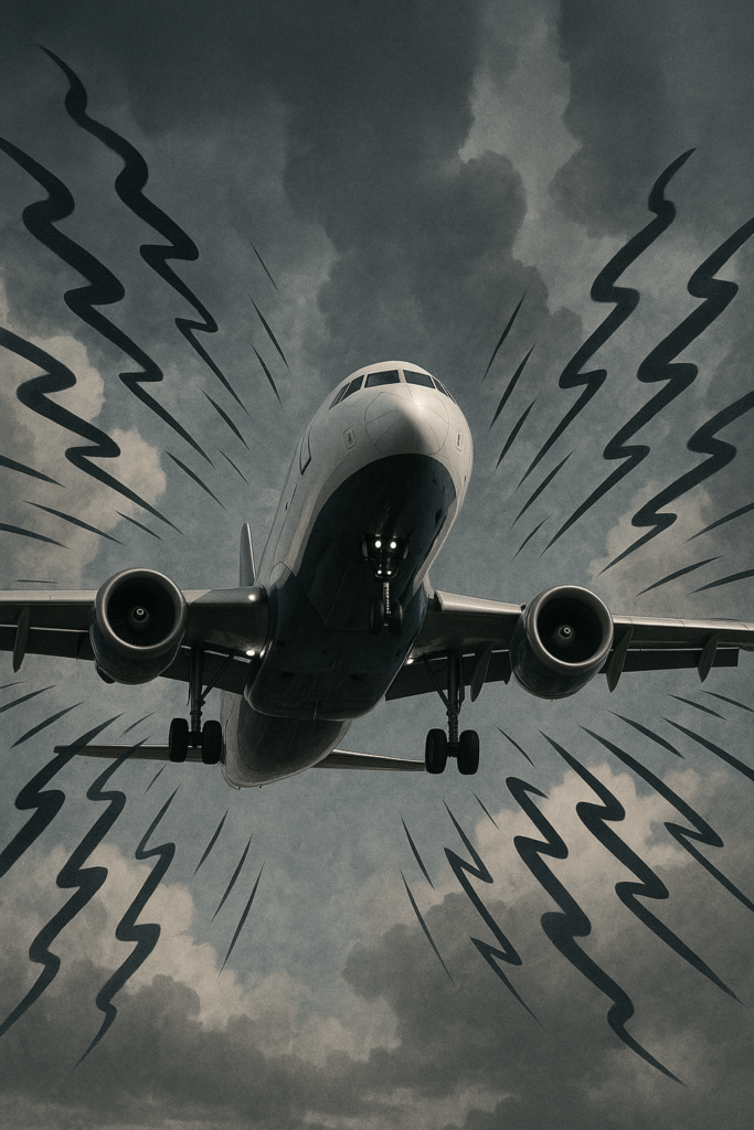Flugzeug vor grauem Himmel mit Schallwellen, Sora KI