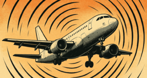 Comic Style Flugzeug vor gelben Hintergrund mit Schallwellen, Sora KI