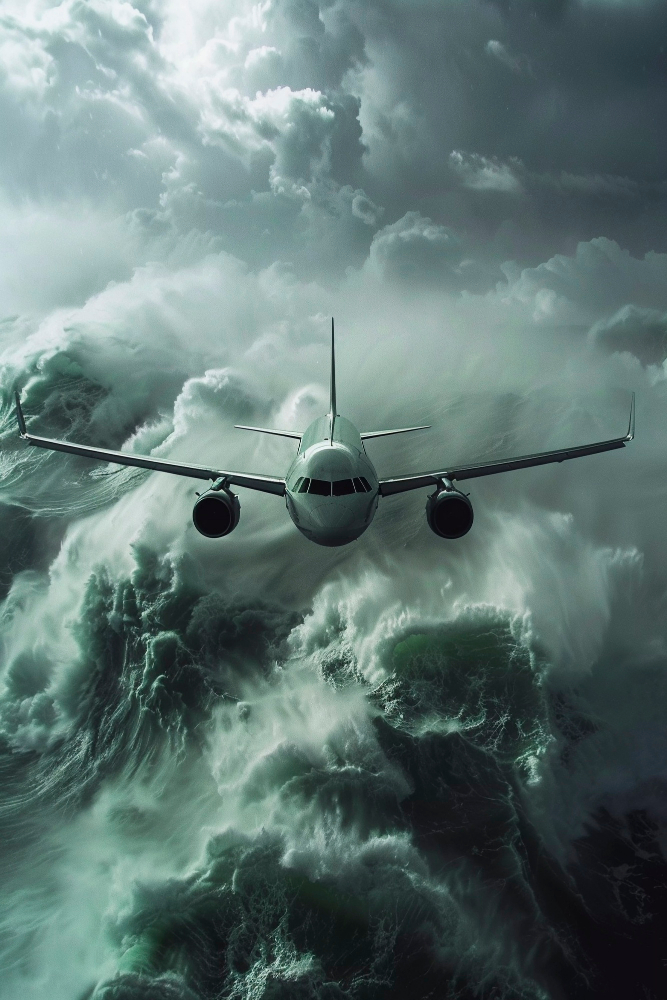 AI Bild Flugzeug über stürmischen Ozean.