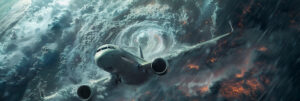 AI Bild Flugzeug fliegt durch Sturm.