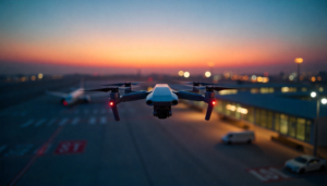 Freepik AI: Drohne fliegt über Flughafen bei Sonnenaufgang.