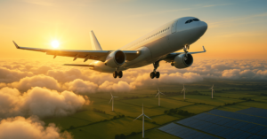 Flugzeug fliegt vor Sonnenaufgang über grüne Felder und Solarfelder, SORA KI.