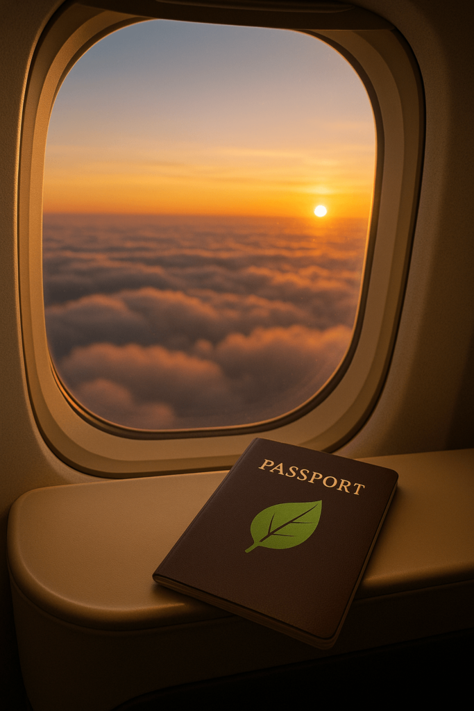 Blick aus Flugzeugfenster mit Reisepass und Blattsymbol, SORA KI.