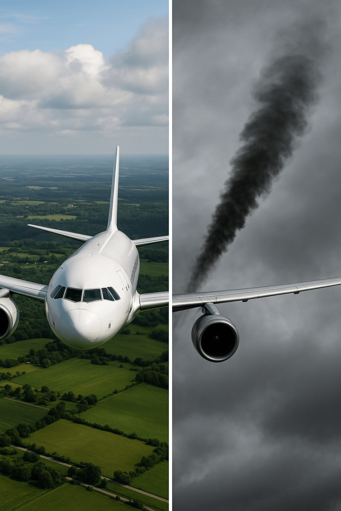 Zweigeteiltes Bild, links klimafreundlichen Fliegen, rechts Herausforderungen mit Abgasen.