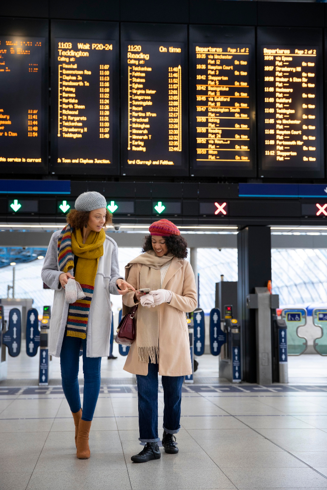 Zwei Frauen laufen vor einer Anzeigetafel im Flughafen. 