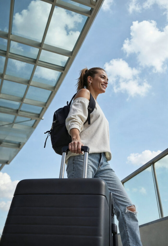 Frau mit Koffer steigt am Flughafen um. 