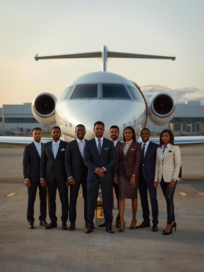 Crew eines Privatjets steht aufgereiht vor dem Flugzeug.