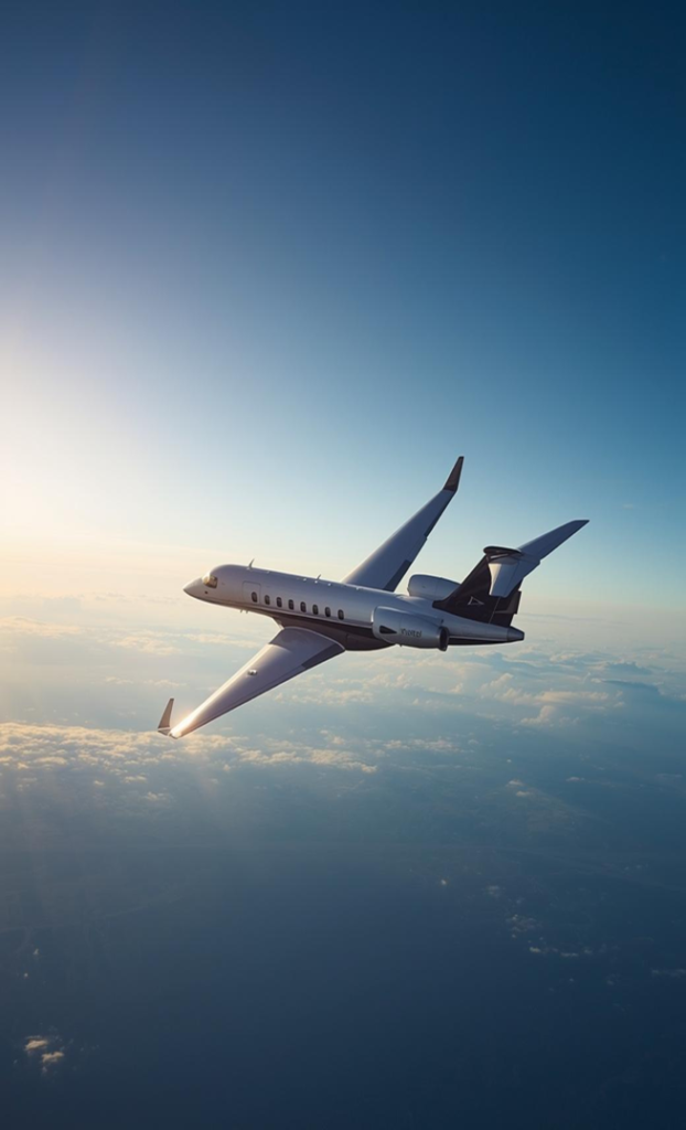 Privatjet fliegt vor blauem Himmel. 