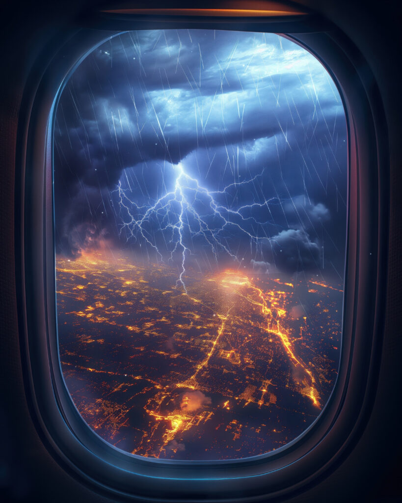 Blick aus einem Flugzeugfenster bei starkem Gewitter, AI Bild. 