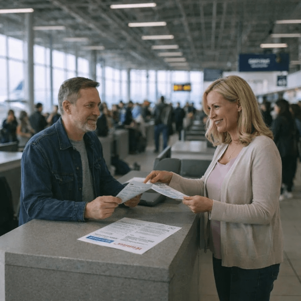 Einem Mann wird ein Gutschein am Schalter im Flughafen angeboten. 