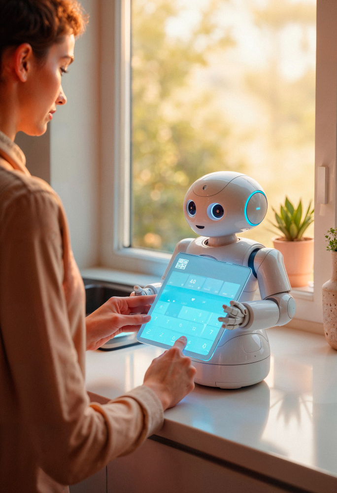 Frau mit Ai Assistent in Form eines Roboters.