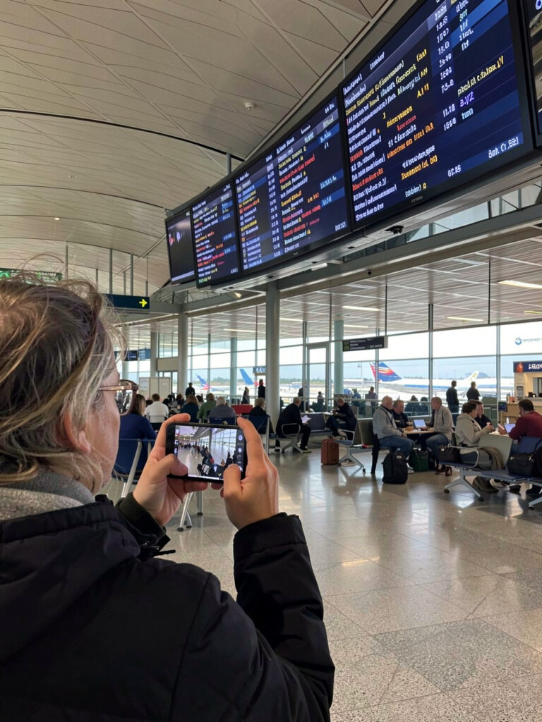 Passagierin fotografiert Anzeigetafel am Flughafen. 