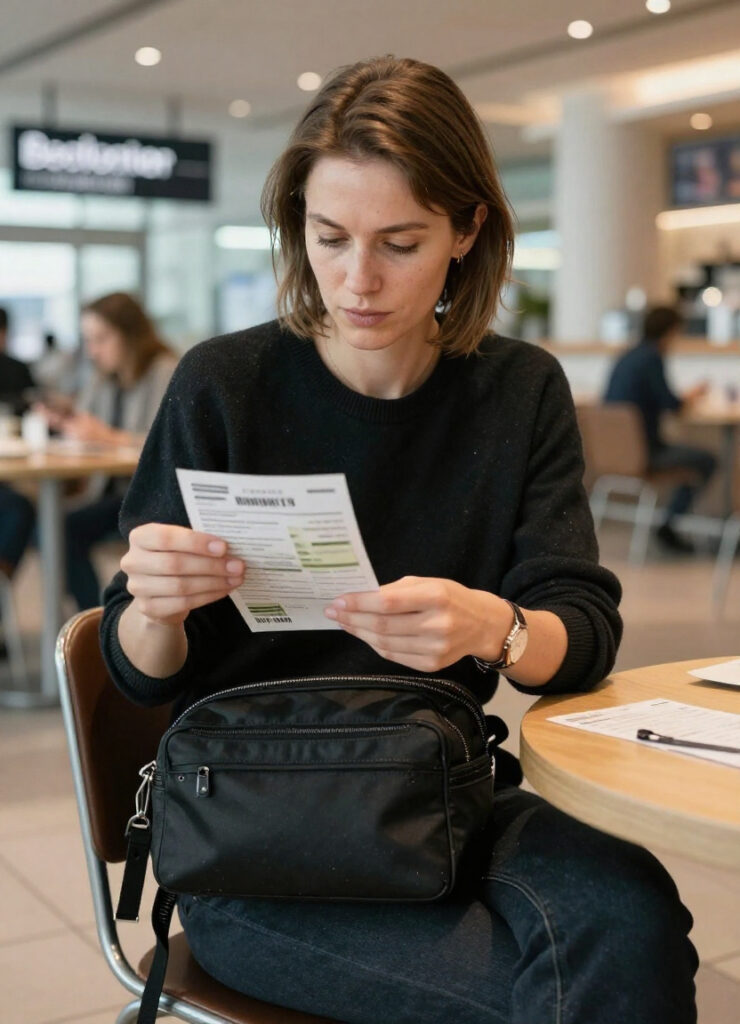 Frau sammelt Belege bei Wartezeit im Flughafen. 
