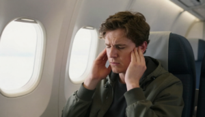 Mann mit Kopfschmerzen im Flugzeug