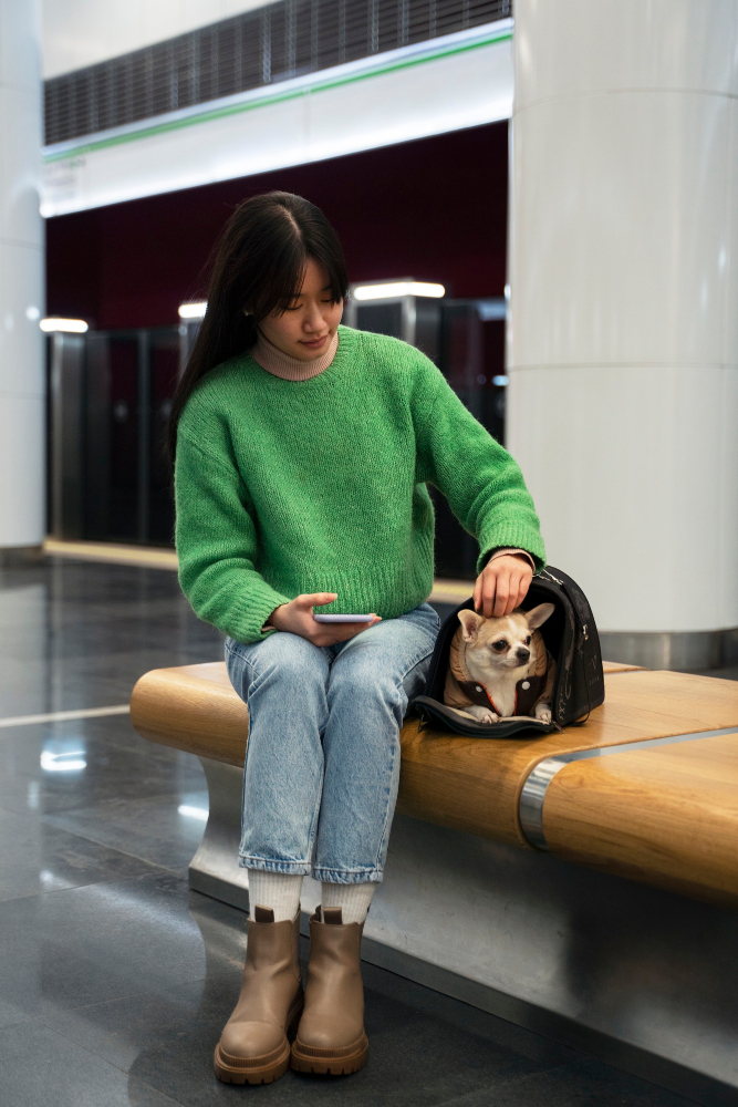 Frau mit kleinem Hund am Flughafen