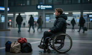 Barrierefreies Reisen und Flugrecht Artikel Titelbild Rollstuhlfahrer alleine am Flughafen mit Reisetaschen.